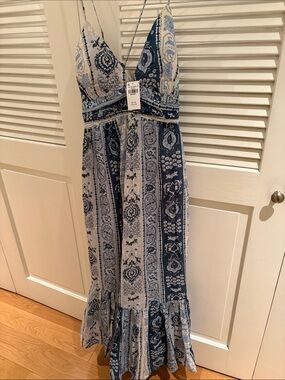 Abercrombie & Fitch Blue and White Paisley Maxi Dress with Spaghetti Straps.